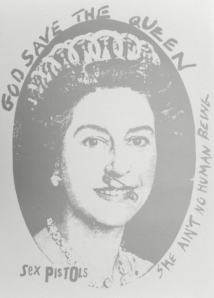 Jamie Reid "God Save The Queen" Print: Designer & Manufacturer: Jamie Reid Country of Origin & Materials: British; silk-screen print Additional Information & Circa: "God Save The Queen" silk-screen print by Jamie Reid (b. 1952); 1997 Dimen