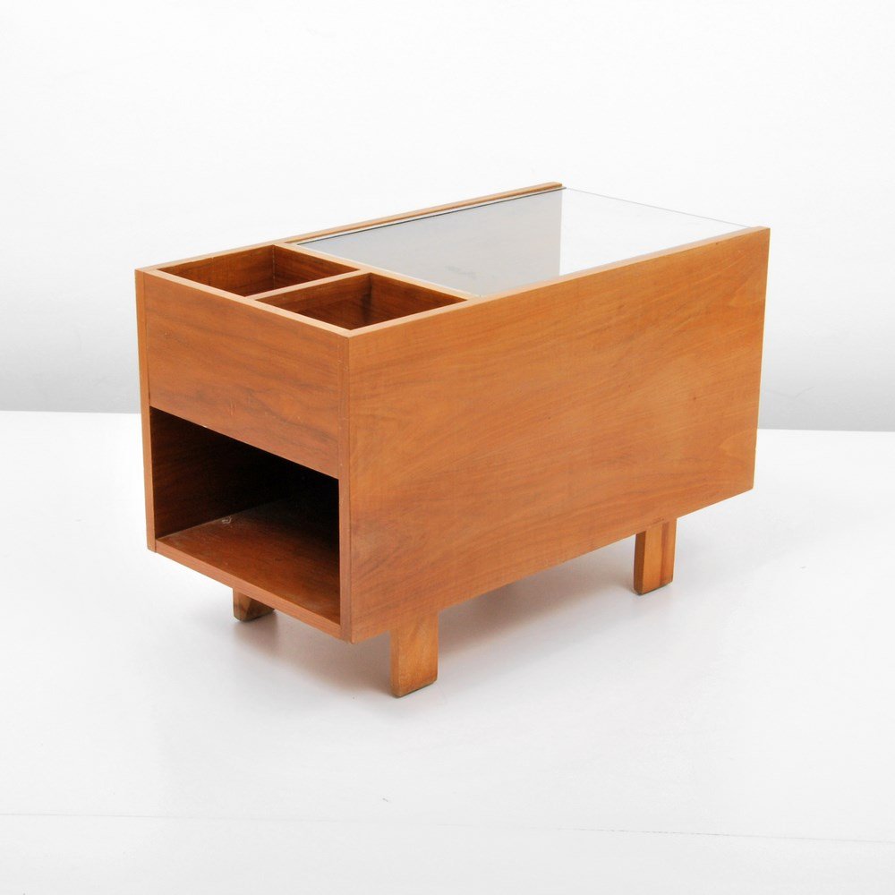 George Nelson Planter Side Table: Designer & Manufacturer: George Nelson; Herman Miller Markings: marked Country of Origin & Materials: USA; glass, wood, metal, aluminum Additional Information & Circa: Side table with one drawer and p