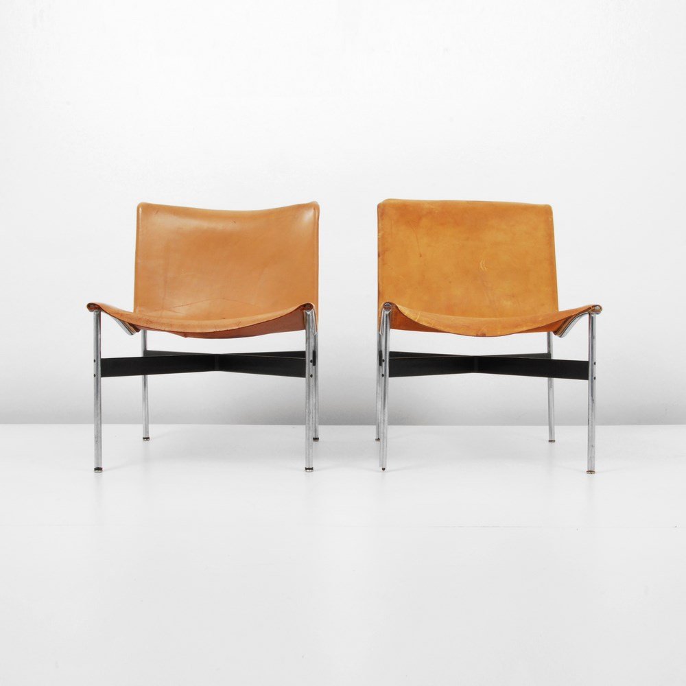 Katavolos, Littell & Kelley Lounge Chairs: Designer & Manufacturer: William Katavolos, Ross Littell & Douglas Kelley; Laverne International Markings: none Country of Origin & Materials: USA; saddle leather, chromed & enameled metal Additional