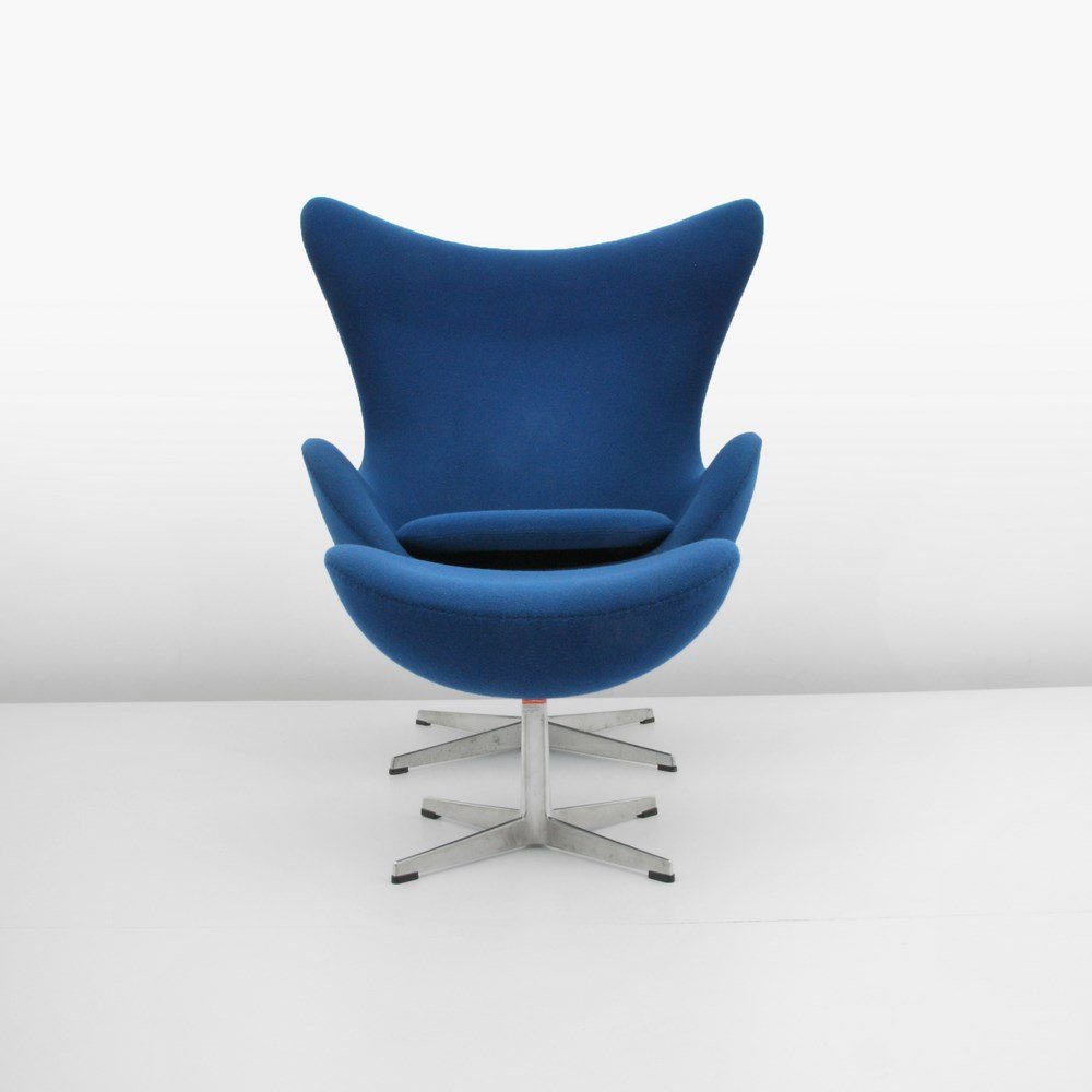 Arne Jacobsen "Egg" Chair & Ottoman: Designer & Manufacturer: Arne Jacobsen; Fritz Hansen Markings: marked; dated Country of Origin & Materials: Denmark; upholstery, aluminum, plastic Additional Information & Circa: Reclining "Egg" chair