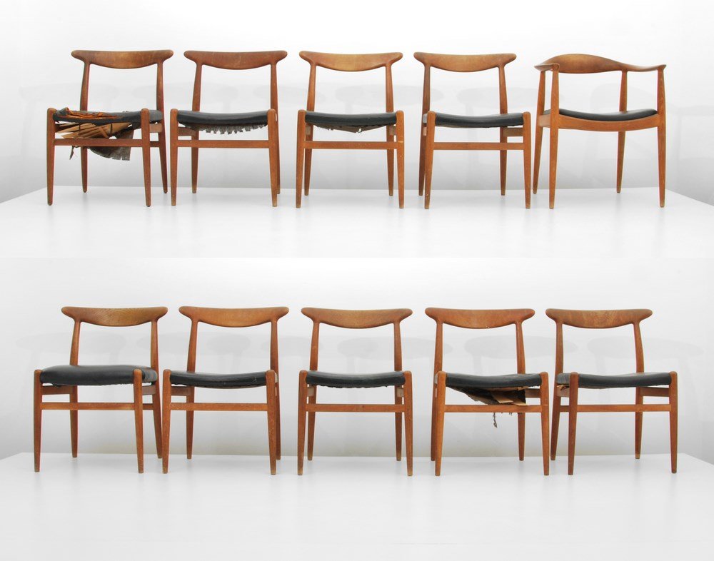 Hans Wegner Chairs, Set of 10: Designer & Manufacturer: Hans Wegner; C.M. Madsens Fabriker Markings: marked Country of Origin & Materials: Denmark; teak, upholstery Additional Information & Circa: Set of ten chairs, one with arms, 