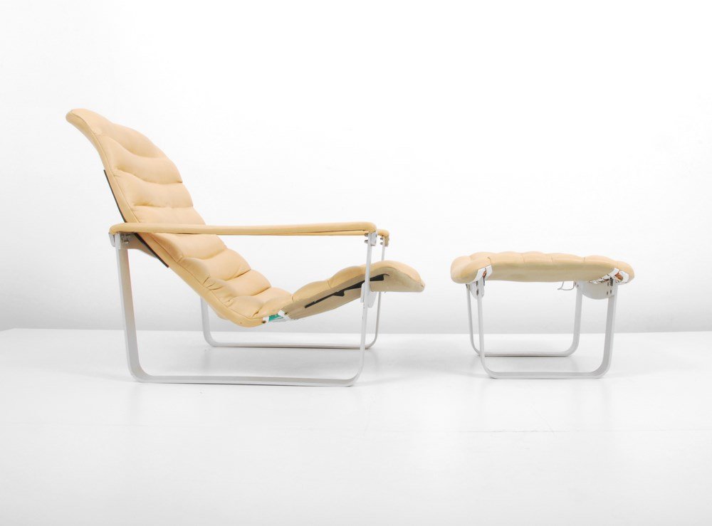 Ilmari Lappalainen "Pulkka" Lounge Chair & Ottoman: Designer & Manufacturer: Ilmari Lappalainen; Asko Markings: none Country of Origin & Materials: Finland; leather, aluminum Additional Information & Circa: "Pulkka" adjustable leather lounge chair and 