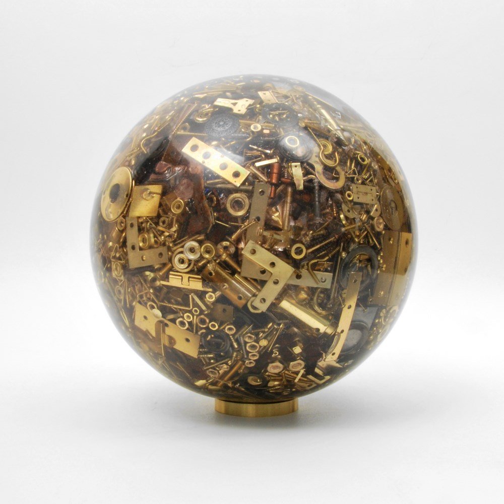 Large Modernist Sculpture, Manner of Arman: Designer & Manufacturer: Arman, Manner of Markings: none Country of Origin & Materials: unknown; metal, acrylic Additional Information & Circa: Large modernist sculpture with suspended metal hardware 