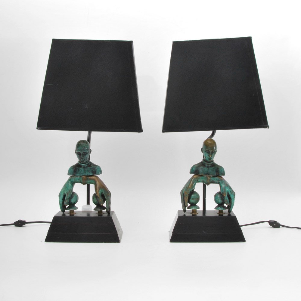 Bronze Sergio Bustamante Lamps: Designer & Manufacturer: Sergio Bustamante Markings: signed Country of Origin & Materials: Mexican; bronze, metal, wood Additional Information & Circa: Fine pair of bronze lamps by Sergio Bustamante (