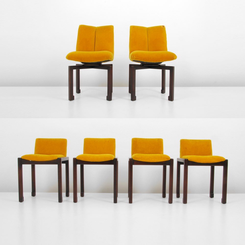 Vladimir Kagan Chairs, Set of 6: Designer & Manufacturer: Vladimir Kagan; Grosfeld House Markings: remnants of partial label Country of Origin & Materials: USA; mahogany, upholstery, metal Additional Information & Circa: Set of six c