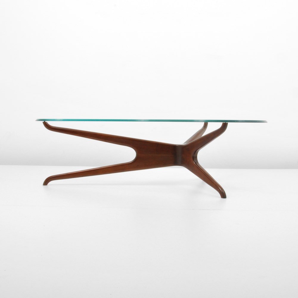 "Tri-Symmetric" Table, Attributed to Vladimir Kagan: Designer & Manufacturer: Vladimir Kagan, Attributed; Kagan-Dreyfuss, Inc. Markings: none Country of Origin & Materials: USA; elm, glass Additional Information & Circa: "Tri-Symmetric" cocktail table a