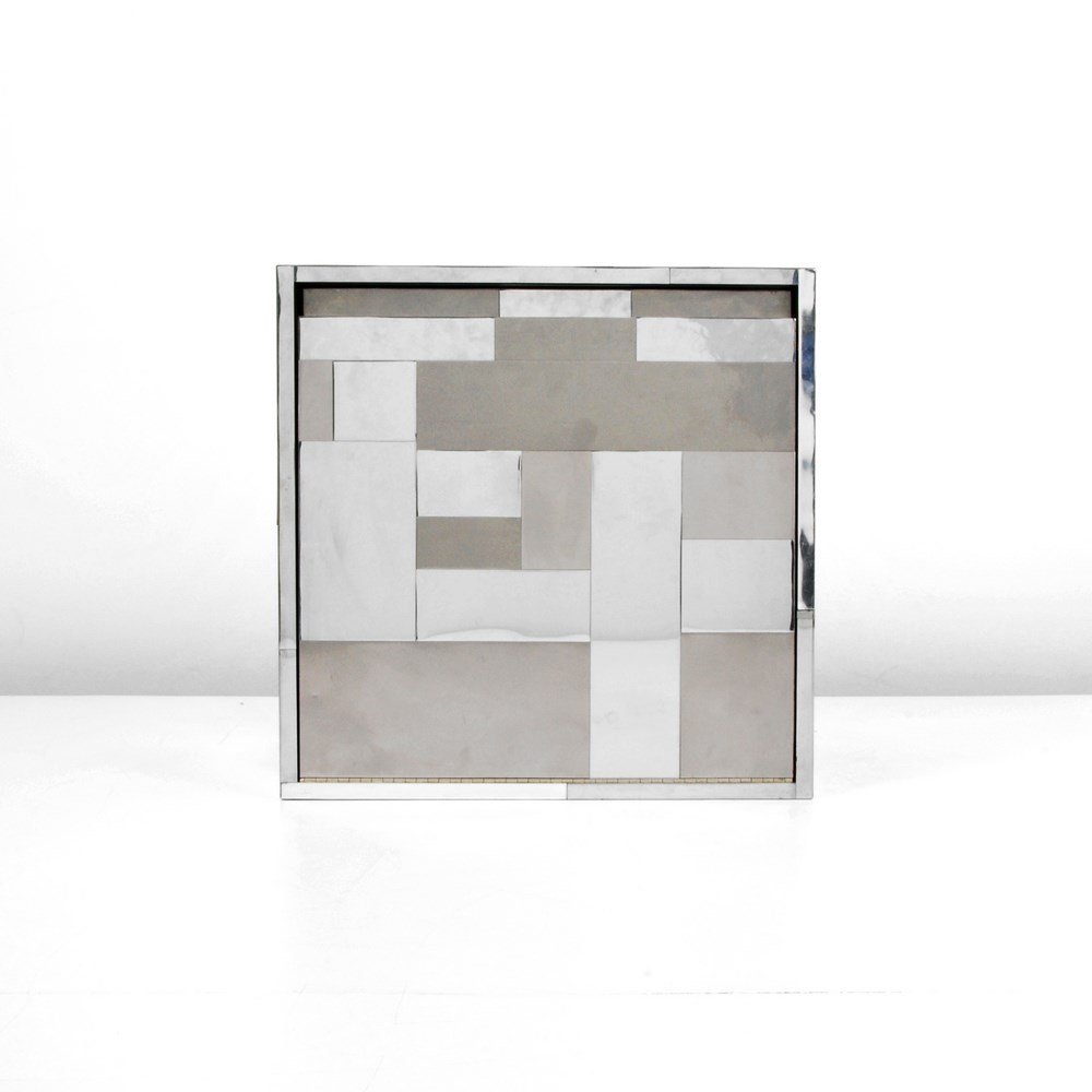 Paul Evans "Cityscape" Wall Hanging Cabinet: Designer & Manufacturer: Paul Evans; Directional Markings: none Country of Origin & Materials: USA; chrome, brushed chrome, wood, laminate Additional Information & Circa: "Cityscape" wall hanging cabi