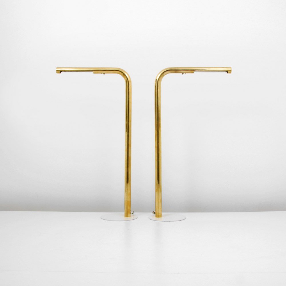 Pair of George Kovacs Floor Lamps: Designer & Manufacturer: George Kovacs; Kovacs Markings: marked Country of Origin & Materials: USA; brass, enameled metal Additional Information & Circa: Pair of floor lamps by Kovacs; c. 1970 (Key Wo