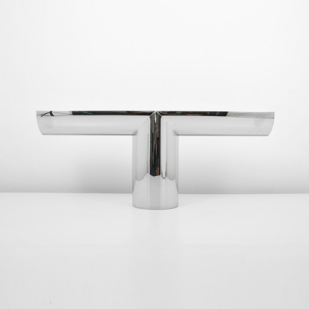 Fine Brueton Console Table: Designer & Manufacturer: Brueton Markings: none Country of Origin & Materials: USA; chrome, glass Additional Information & Circa: Quality console/sofa table by Brueton; c. 1970 (Key Word Search: Milo