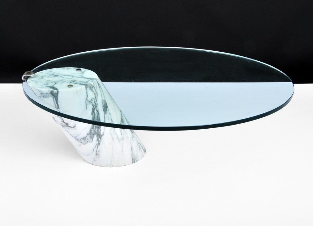Brueton Cantilever Marble Cocktail Table: Designer & Manufacturer: Brueton Markings: none Country of Origin & Materials: USA; marble, glass, metal Additional Information & Circa: Cantilevered marble cocktail table by Brueton; c. 1970 (Key Wor