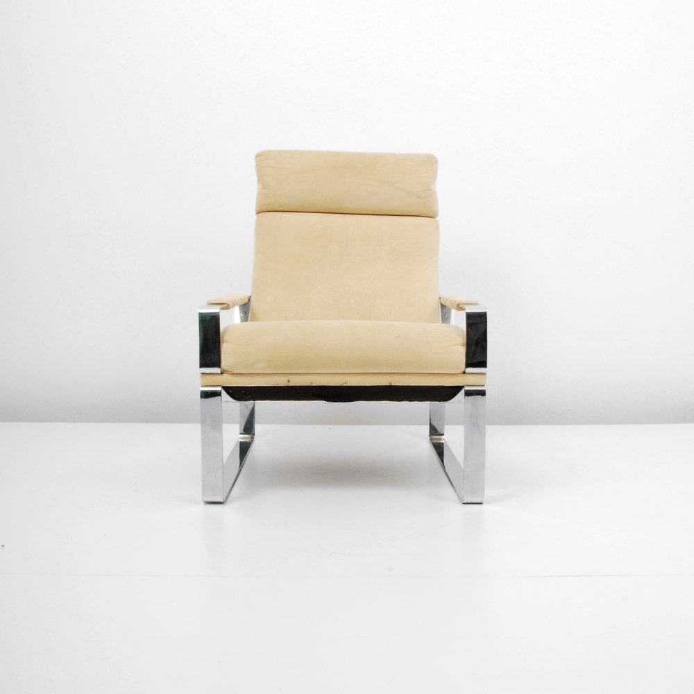 Lounge Chair, Manner of Milo Baughman: Designer & Manufacturer: Milo Baughman, Manner of Markings: none Country of Origin & Materials: USA; chrome, upholstery Additional Information & Circa: Quality lounge chair in the manner of Milo Baugh