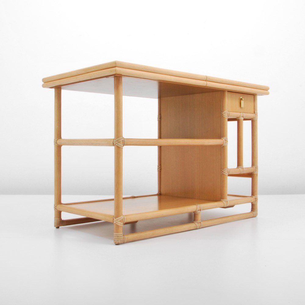 McGuire Expandable Bar: Designer & Manufacturer: McGuire Furniture Co. Markings: marked Country of Origin & Materials: USA; rattan, wood, brass, mica Additional Information & Circa: Bar with expandable sliding top and a sing