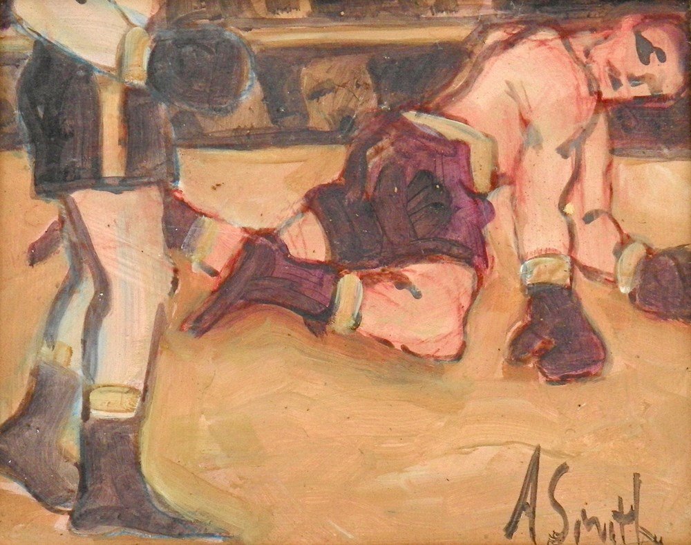 "Boxer" Original Painting Signed A. Smith: Designer & Manufacturer: A. Smith Markings: signed Country of Origin & Materials: unknown; masonite Additional Information & Circa: Social realist depiction of boxing match signed A. Smith; 20th Centu