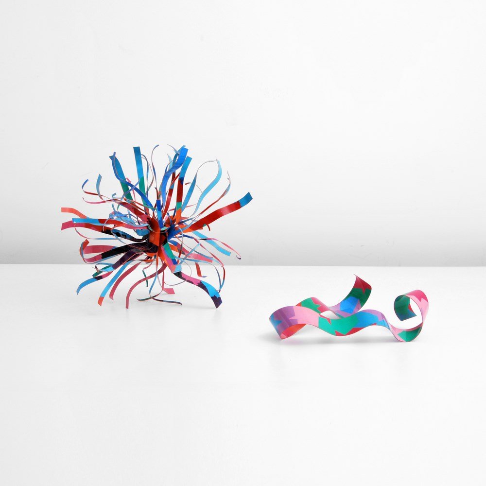 Sculptures by Dorothy Muriel Gillespie: Designer & Manufacturer: Dorothy Muriel Gillespie Markings: signed Country of Origin & Materials: American; aluminum Additional Information & Circa: Modernist sculptures with colorful cut metal strand
