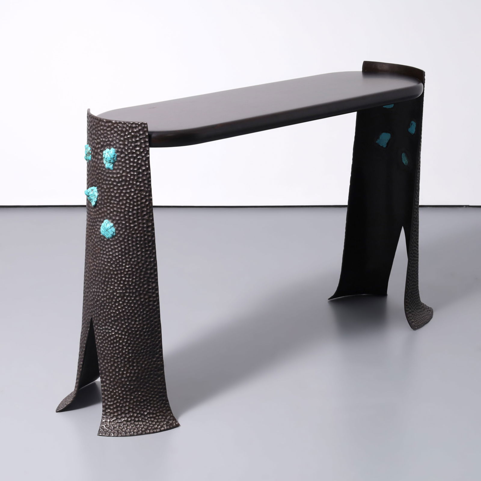 Hicham Ghandour MON LIBAN Console Table: Artist/Designer/Manufacturer: Hicham Ghandour (Lebanese, b. 1958)Marking(s); notes: no marking(s) apparentMaterials: cast brass, cedar, turquoiseDimensions (H,