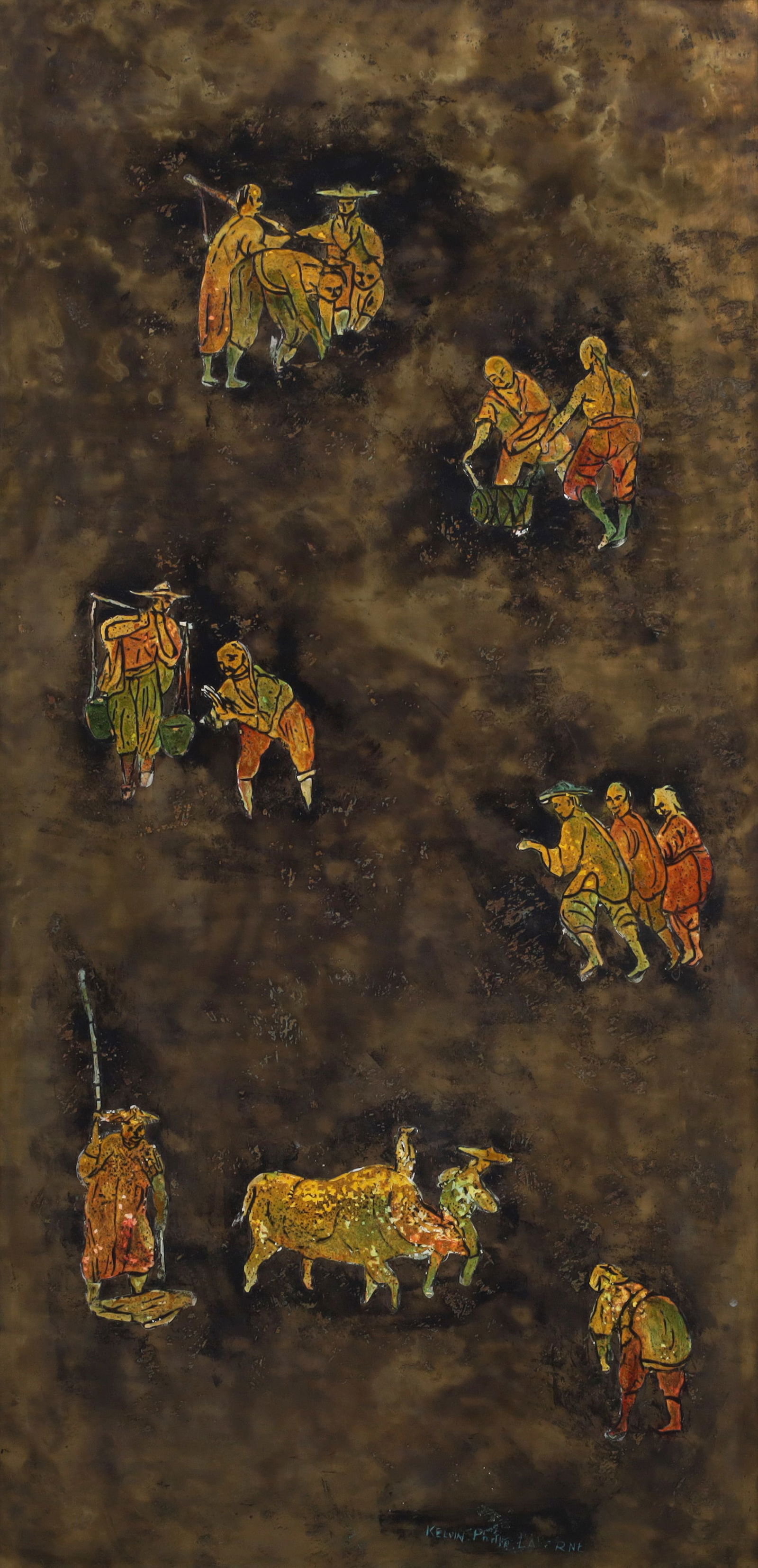 Philip & Kelvin Laverne PEASANTS Bronze Plaque, 47.5"H: Artist/Designer/Manufacturer: Philip Laverne (American, 1908-1988), Kelvin Laverne (American, b. 1936) Marking(s); notes: signed Materials: bronze, polychrome enamels Dimensions (H, W,