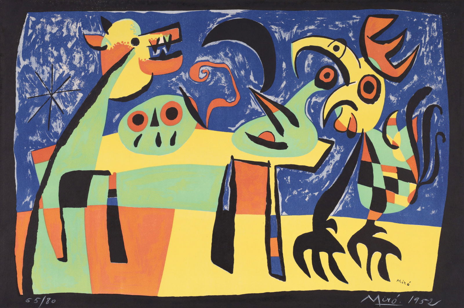 Joan Miro LE CHIEN ABOYANT A LA LUNE (Dog Barking at the Moon) Lithograph: Artist/Designer/Manufacturer: Joan Miro (Spanish, 1893-1983)Marking(s); notes: signed, signed in plate, blind stamp, marking(s); ed. 65/80; 1952Materials: lithograph on Arches paper