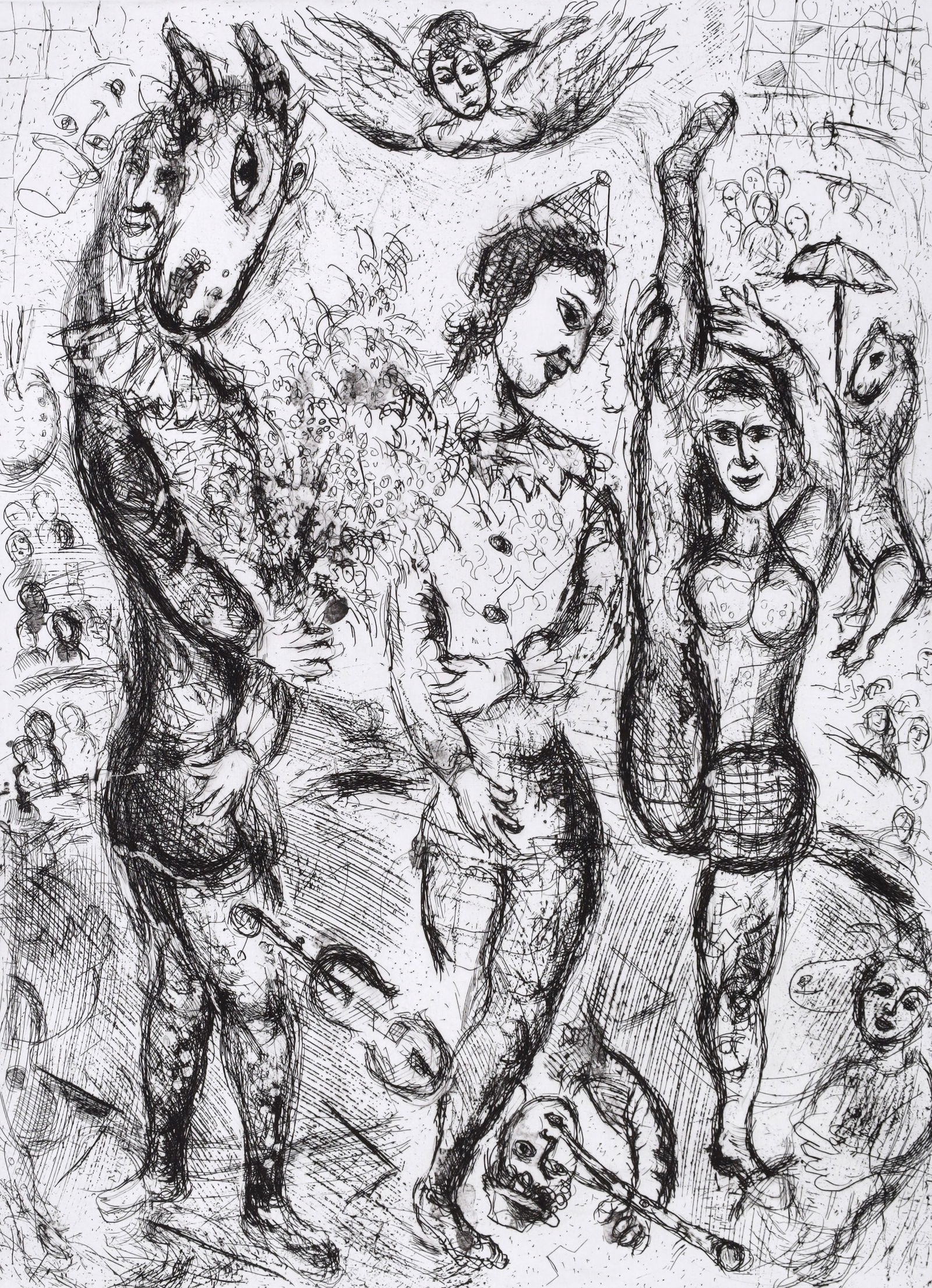 Marc Chagall LE PIERROT Etching/Aquatint: Artist/Designer/Manufacturer: Marc Chagall (Russian/French, 1887-1985)Marking(s); notes: signed; ed. 20/50 in black aside from the edition of 50 in color; 1968Materials: etching and aq