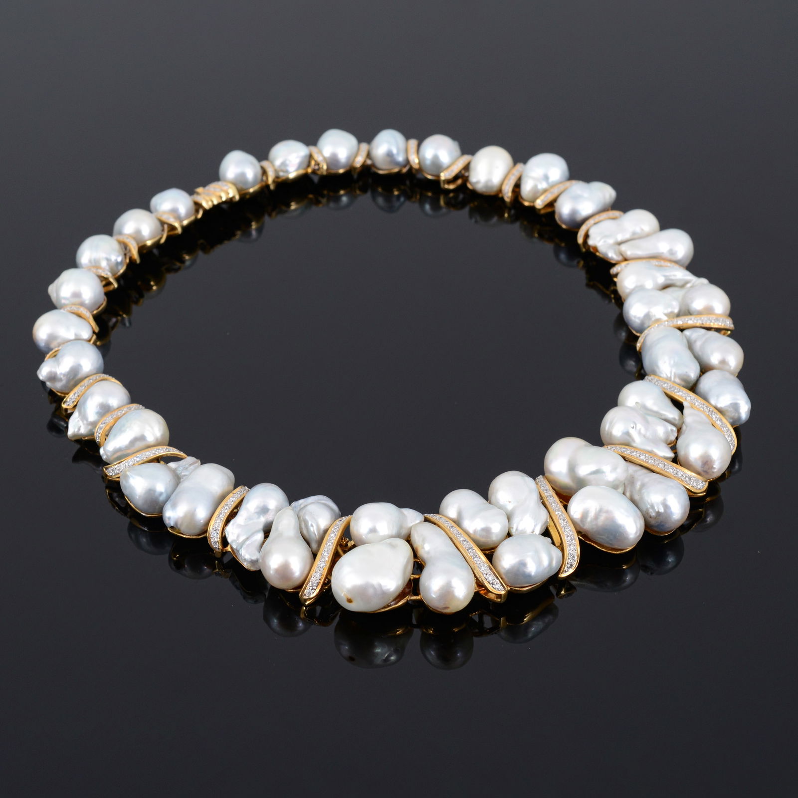 James Dixon & Sons South Sea Pearl, Diamond & Gold Estate Necklace: Artist/Designer/Manufacturer: James Dixon & Sons, Ltd. (England)Marking(s); notes: 750 imprintMaterials: South Sea pearls, 18K gold, diamondDimensions (H, W