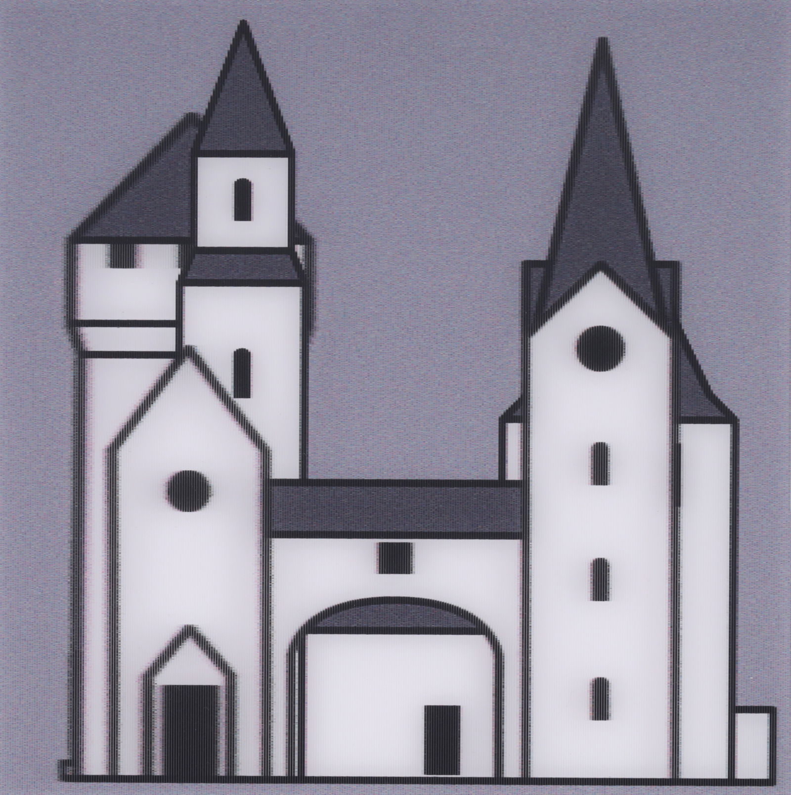 Julian Opie MEDIEVAL VILLAGE #4 Lenticular: Artist/Designer/Manufacturer: Julian Opie (British, b. 1958)Marking(s); notes: signed on gallery label; ed. 12/20; 2019Materials: lenticular acrylic panel mounted onto white acryl