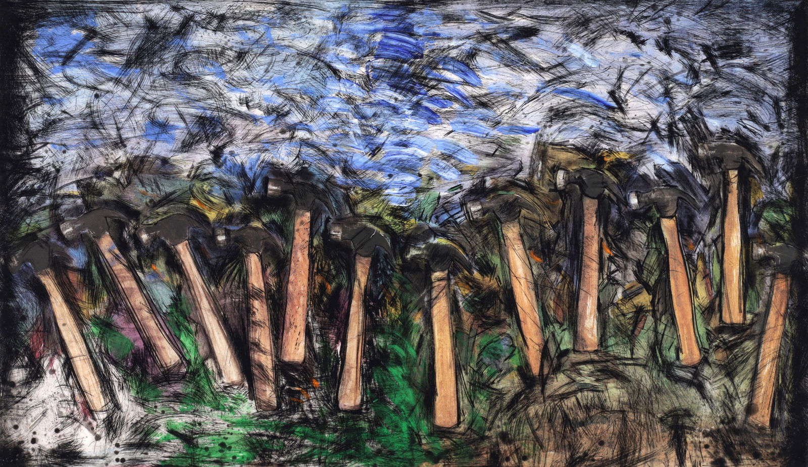 Jim Dine RUNNING HAMMERS IN A LANDSCAPE Screenprint / Etching / Aquatint (1 of 5)