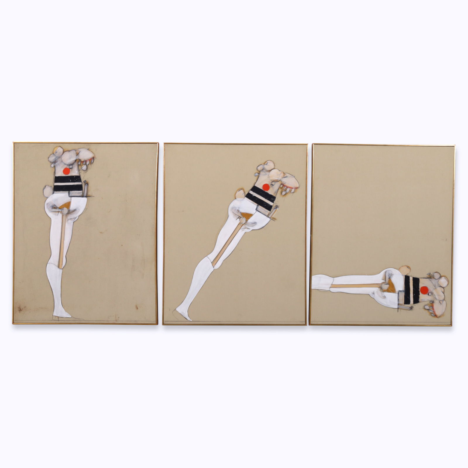 Ernest Trova STUDY / FALLING MAN #1 Triptych Painting, 111"W: Artist/Designer/Manufacturer: Ernest Trova (American, 1927-2009)Marking(s); notes: signed, marking(s); 1963Materials: Liquitex on canvasDimensions (H, W, D): 47