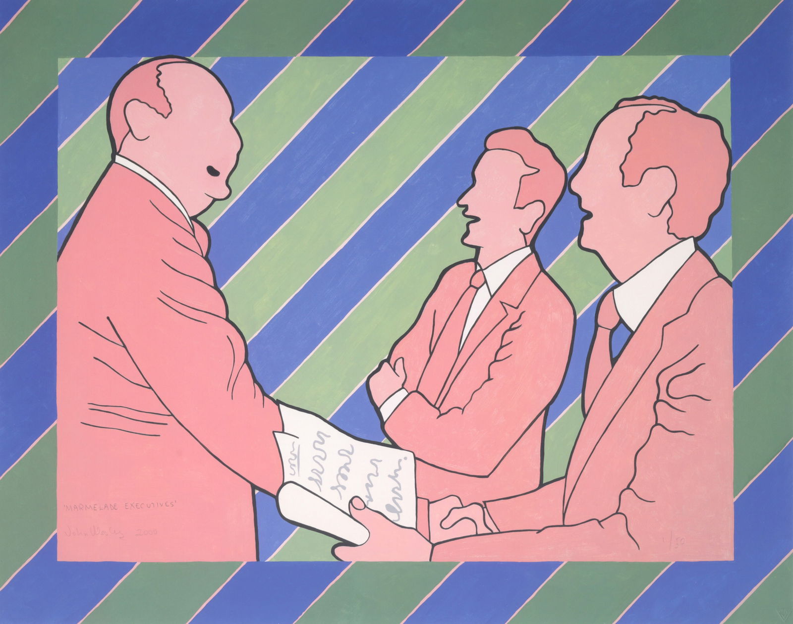 John Wesley MARMELADE EXECUTIVES Iris Print: Artist/Designer/Manufacturer: John Wesley (American, 1928-2002)Marking(s); notes: signed, blind stamp, marking(s); ed. 1/50; 2000Materials: iris digital inkjet print on paper