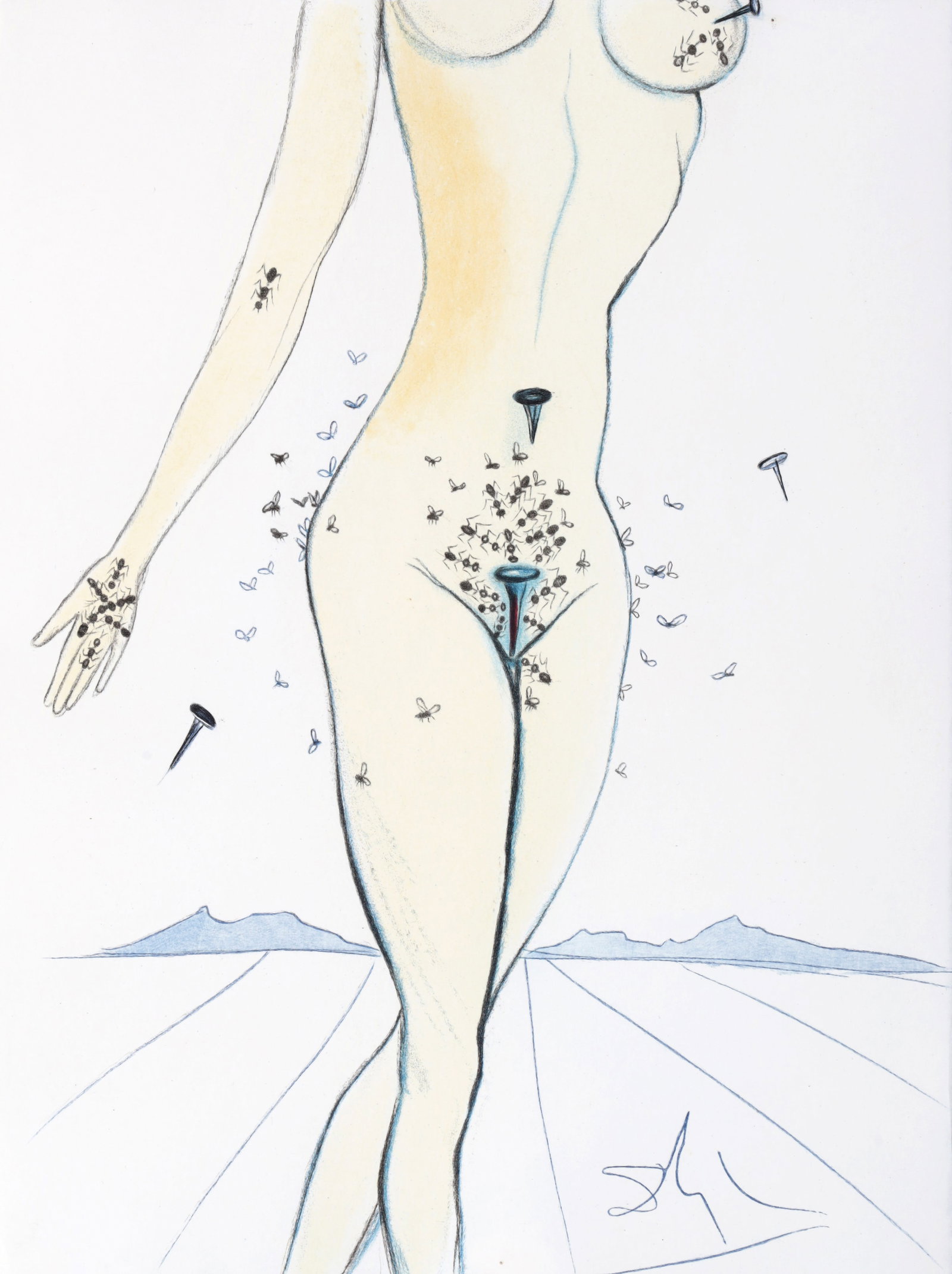 Salvador Dali ANTS, NAILS & FLIES ON NUDE Lithograph: Artist/Designer/Manufacturer: Salvador Dali (Spanish, 1904-1989)Marking(s); notes: signed in plate; 1967Materials: lithograph on paperDimensions (H, W, D): 