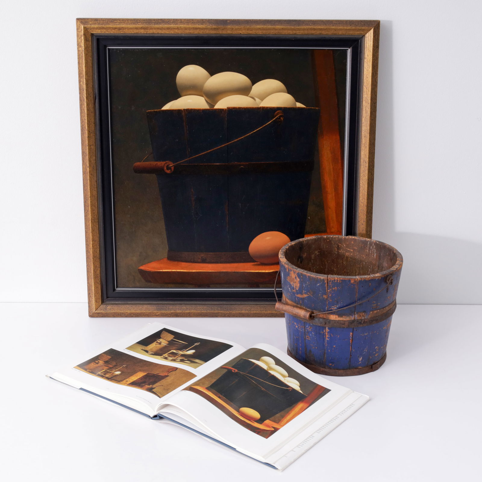 Ken Davies WHITE EGGS PLUS Painting: Artist/Designer/Manufacturer: Ken Davies (American, 1925-2017) Marking(s); notes: signed, marking(s); 1969Materials: oil on masonite, wood (bucket)Dimensions (H, W,