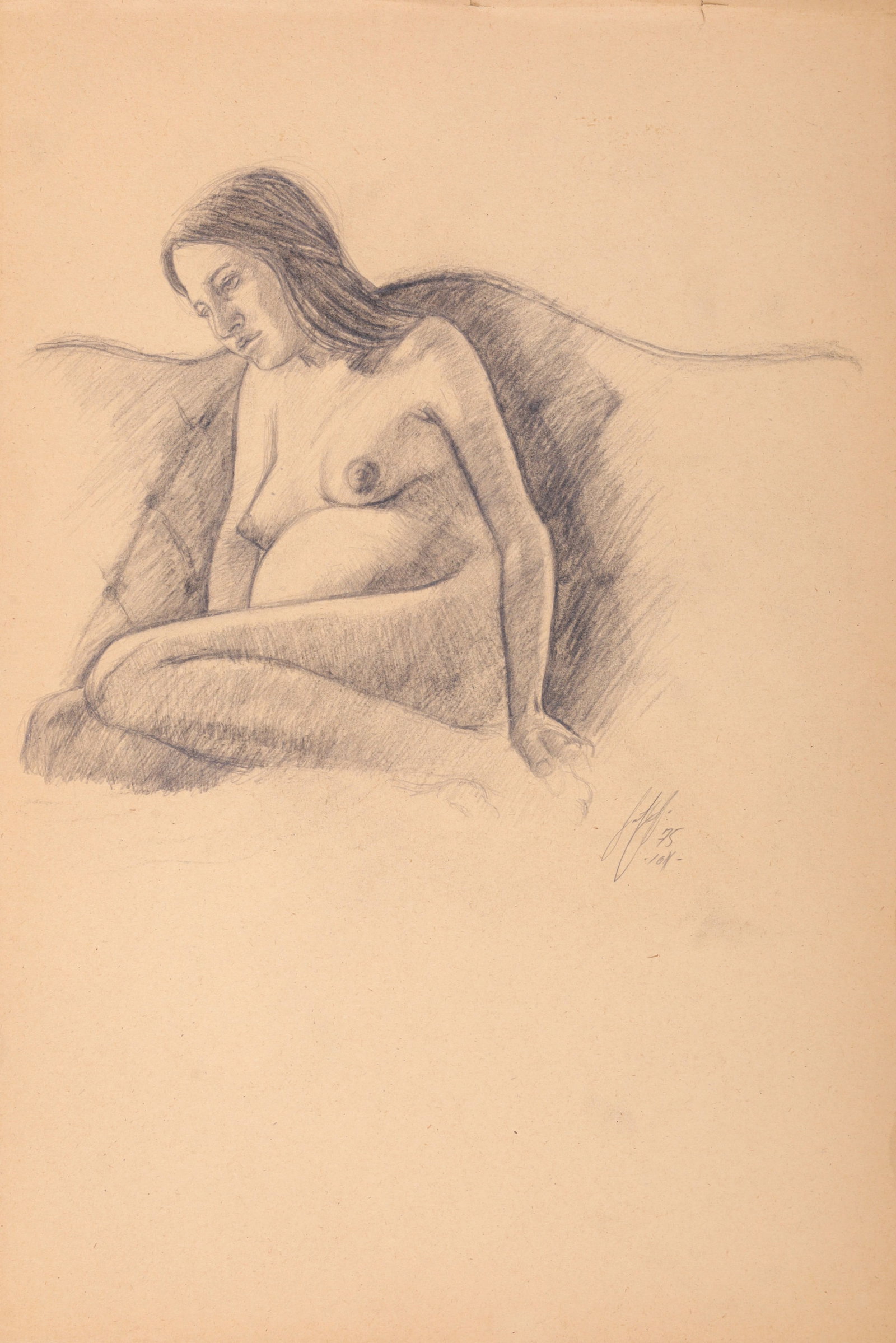 Bo Bartlett UNTITLED Female Nude Drawing: Artist/Designer/Manufacturer: Bo Bartlett (American, b. 1955) Marking(s); notes: signed, marking(s); 1975 Materials: graphite on brown paper Dimensions (H, W, D):
