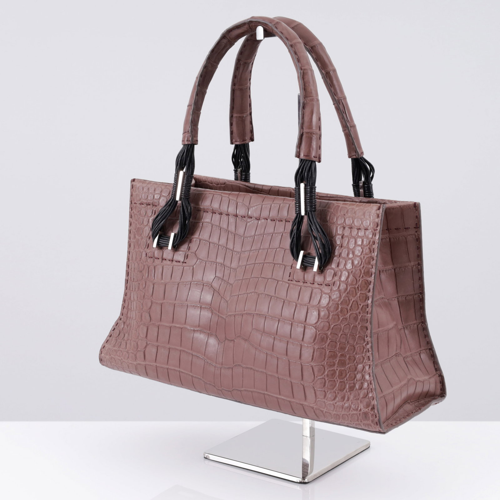VBH CRUISER First-Edition Crocodile Handbag: Artist/Designer/Manufacturer: VBH (Italy) Marking(s); notes: VBH plaque, marking(s); ed. 291/300 Materials: crocodile, leather, silver-tone metal hardware Dimensio