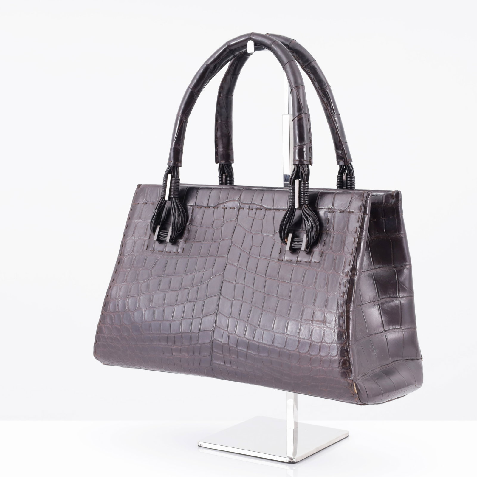 VBH CRUISER First-Edition Crocodile Handbag: Artist/Designer/Manufacturer: VBH (Italy) Marking(s); notes: VBH plaque, marking(s); ed. 146/300 Materials: crocodile, leather, silver-tone metal hardware Dimensions (H
