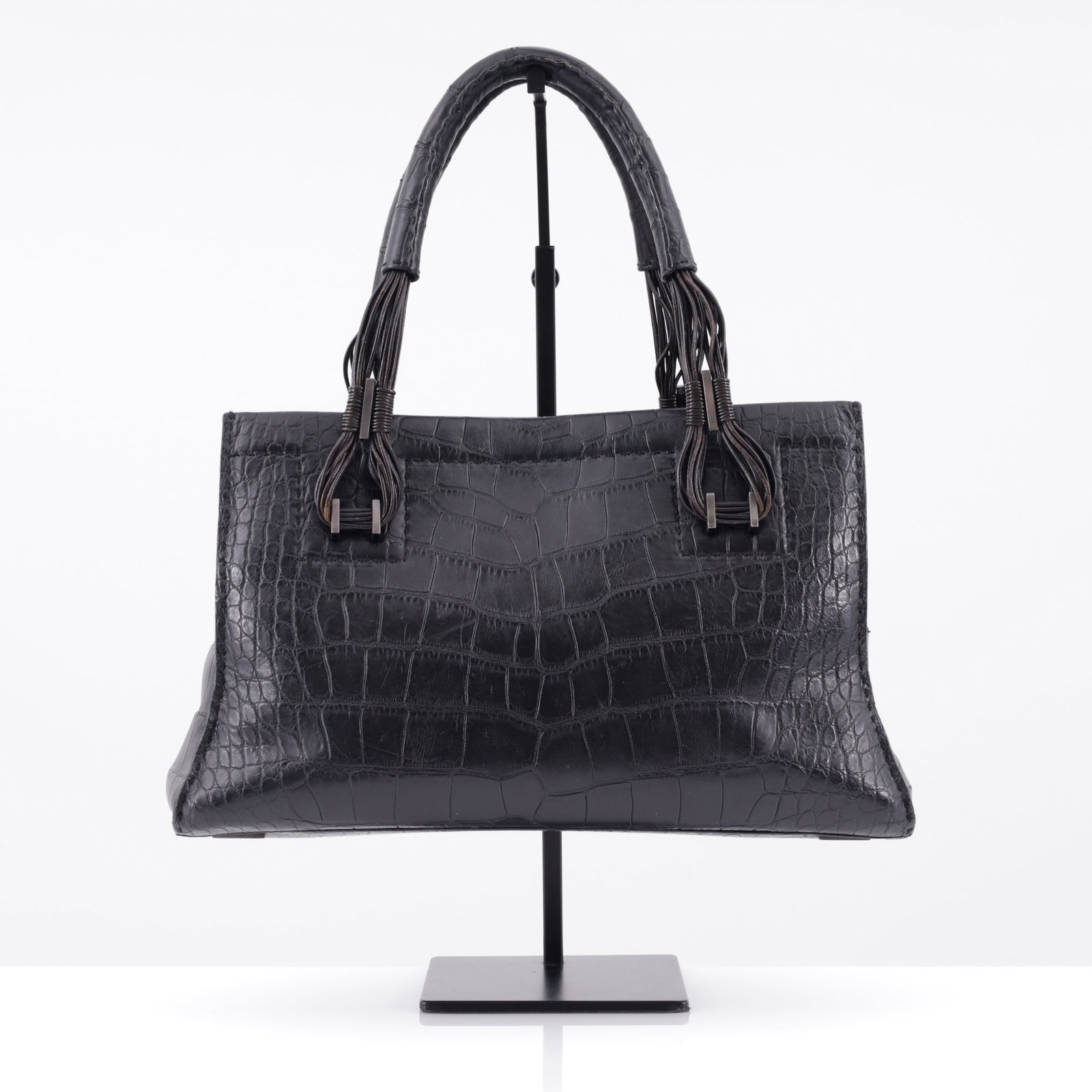 VBH CRUISER First-Edition Black Crocodile Handbag: Artist/Designer/Manufacturer: VBH (Italy) Marking(s); notes: VBH plaque, marking(s); ed. 135/300 Materials: crocodile, leather, silver-tone metal hardware Dimensions (H
