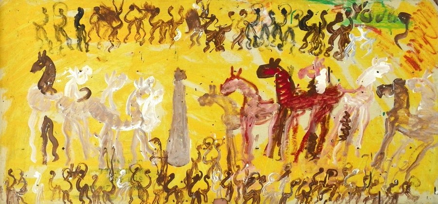Large Purvis Young Painting, Original Work: Designer & Manufacturer: Purvis Young Markings: signed Country of Origin & Materials: American; board Additional Information & Circa: Large painting by outside artist Purvis Young (1943-2010). Imagery