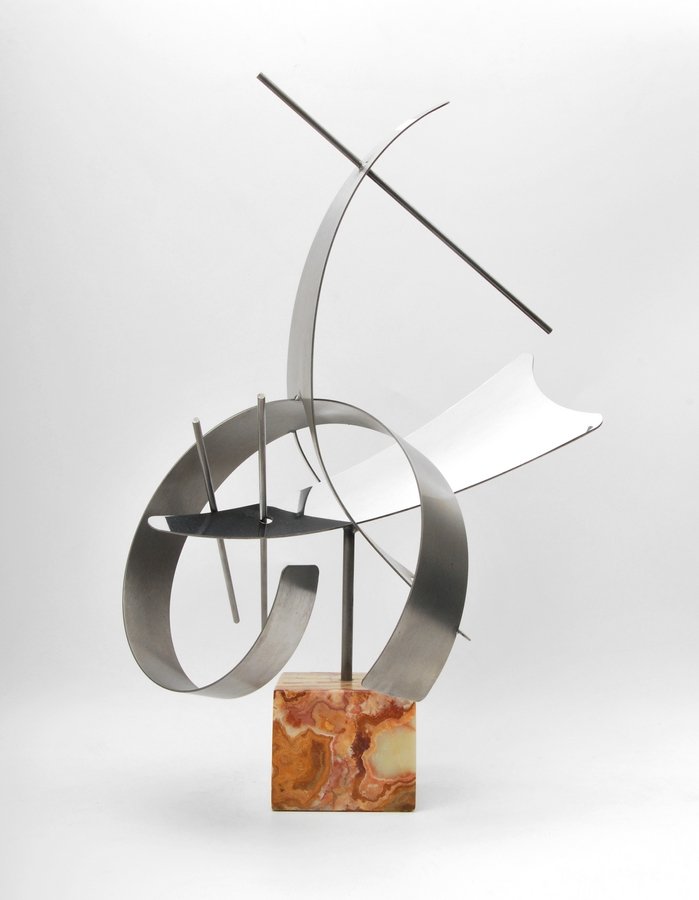 Stainless Sculpture, Attributed to Curtis Jere: Designer & Manufacturer: Curtis Jere, Attributed; Artisan House Markings: none Country of Origin & Materials: USA; stainless, onyx Additional Information & Circa: Modernist sculpture attributed to Cur