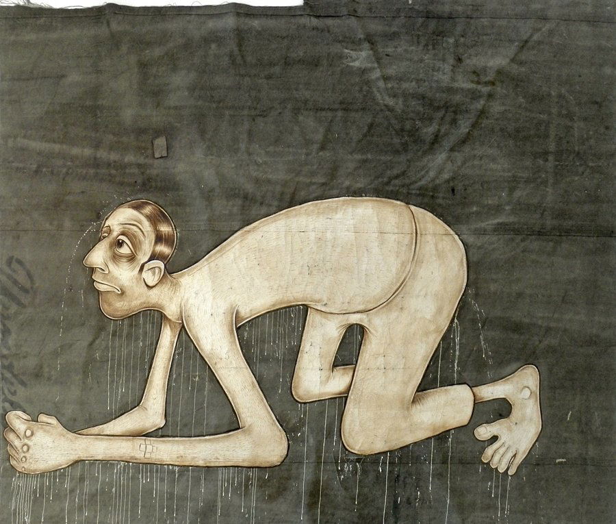 Monumental Barry McGee Work: Designer & Manufacturer: Barry McGee (Twist) Markings: signed "Ernon..." Country of Origin & Materials: American; drop cloth canvas Additional Information & Circa: Large work by Barry McGee (b. 1966).