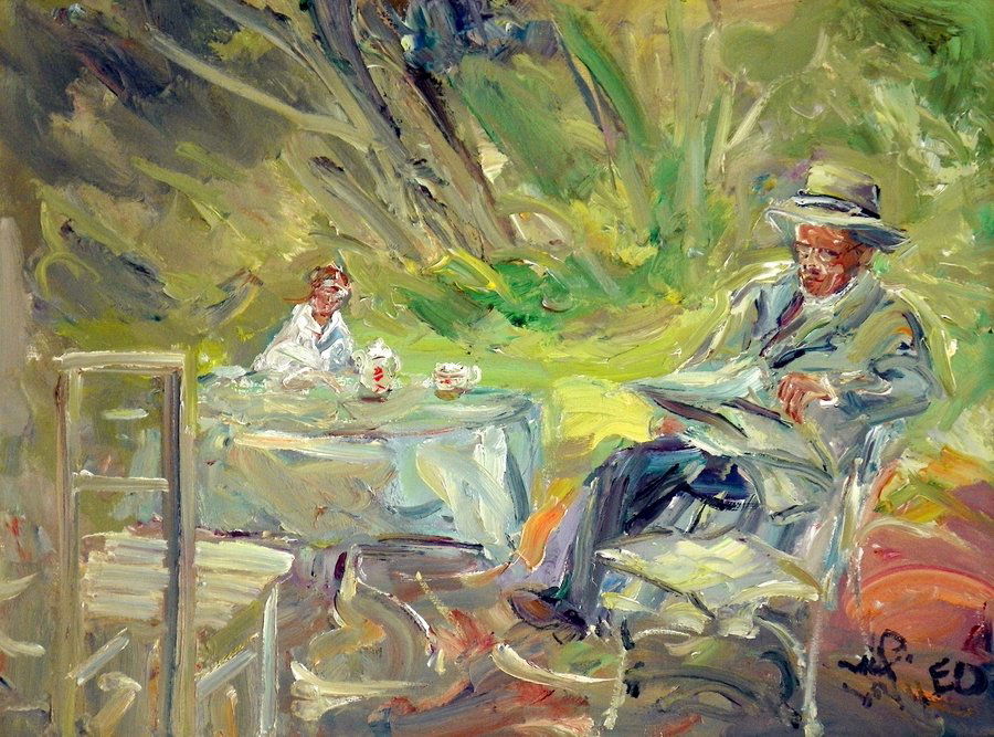 Signed Figurative Painting, Original Work: Designer & Manufacturer: illegible Markings: signed Country of Origin & Materials: German; canvas Additional Information & Circa: "Reading the Newspaper" figurative painting of Thomas Mann, signature