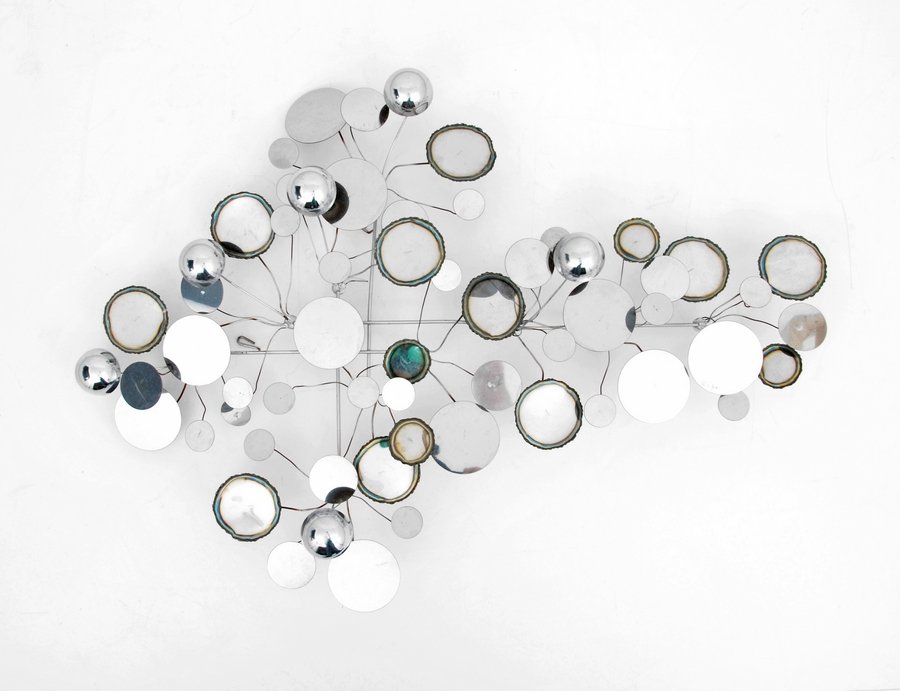 Curtis Jere "Raindrops" Sculpture: Designer & Manufacturer: Curtis Jere; Artisan House Markings: marked Country of Origin & Materials: USA; chrome Additional Information & Circa: "Raindrops" wall sculpture by Curtis Jere. (Keyword Sear