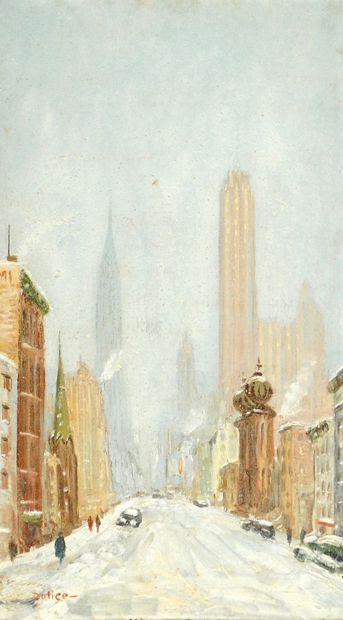 Leon Louis Dolice Painting, Original Work: Designer & Manufacturer: Leon Louis Dolice Markings: signed Country of Origin & Materials: American; board Additional Information & Circa: Scenic painting by Leon Louis Dolice (1892-1960). "Dolice's w