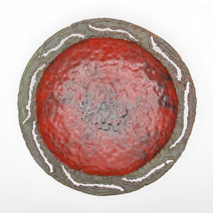 Marcello Fantoni Enameled Center Bowl: Designer & Manufacturer: Marcello Fantoni; Raymor Markings: marked Country of Origin & Materials: Italy; metal Additional Information & Circa: Brutalist, hand-pounded and enameled center bowl by Marce