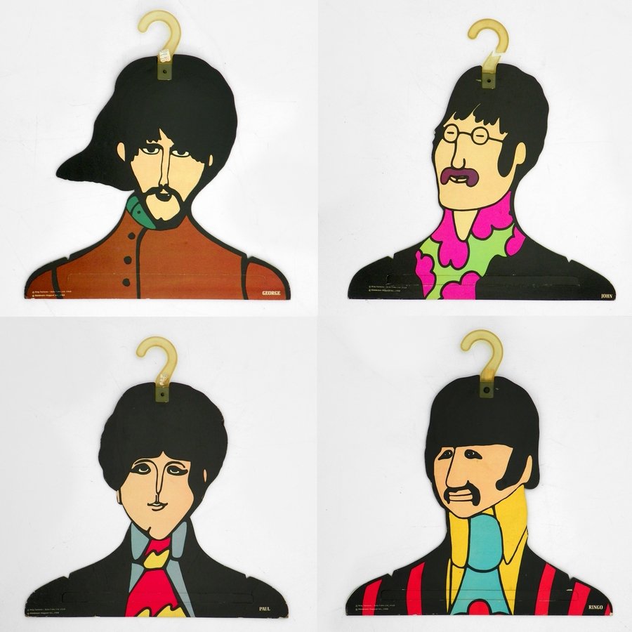 Set of 4 Beatles Hangers: Markings: dated 1968 Country of Origin & Materials: plastic, cardboard Additional Information & Circa: Set of four Beatles hangers of George, John, Ringo and Paul. (Keyword search: British Invasion, R