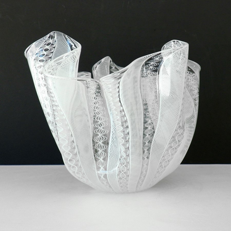 Large Venini "Latticino Handkerchief" Vase: Designer & Manufacturer: Venini Markings: marked Country of Origin & Materials: Italy; glass Additional Information & Circa: Large "Latticino Handkerchief" form vase by Venini, Murano, Italy. Etched "