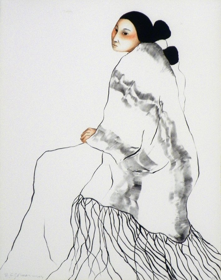 Rudolph Carl Gorman Lithograph: Designer & Manufacturer: Rudolph Carl Gorman (R. C. Gorman) Markings: signed; e. 37/70; dated 1978 Country of Origin & Materials: American; paper Additional Information & Circa: "Lady" lithograph by R
