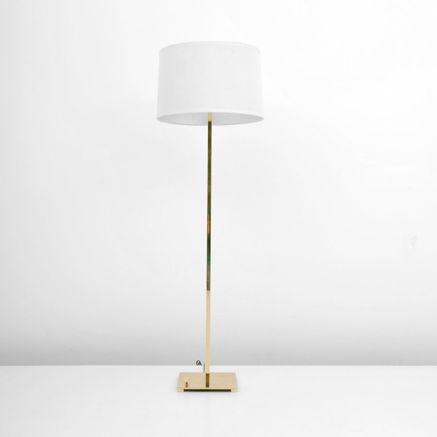 T.H. Robsjohn-Gibbings Floor Lamp: Designer & Manufacturer: T.H. Robsjohn-Gibbings; Hansen Markings: marked Country of Origin & Materials: USA; brass, shade Additional Information & Circa: Floor lamp with two light sockets by T.H. Robs