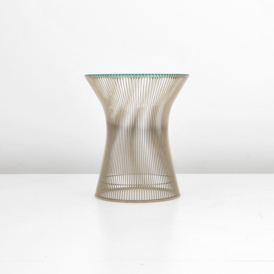 Warren Platner Side Table: Designer & Manufacturer: Warren Platner; Knoll International Markings: none Country of Origin & Materials: USA; chromed metal, glass Additional Information & Circa: Chromed metal side/end table with f