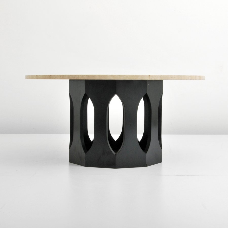 Harvey Probber Cocktail Table: Designer & Manufacturer: Harvey Probber Markings: none Country of Origin & Materials: USA; wood, travertine Additional Information & Circa: Cocktail table with travertine top by Harvey Probber. (Key W