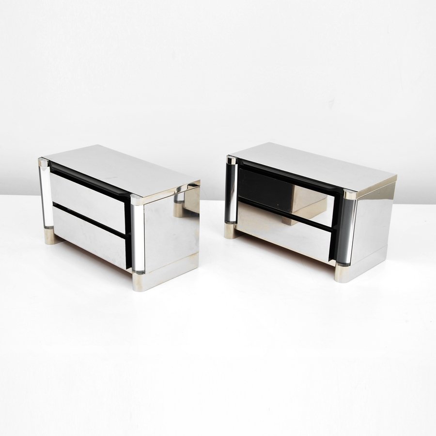 Pair of Nightstands, Attributed to Karl Springer: Designer & Manufacturer: Karl Springer, Attributed; Karl Springer Ltd. Markings: none Country of Origin & Materials: USA; lucite, wood, mirrored metal Additional Information & Circa: Pair of nightstan