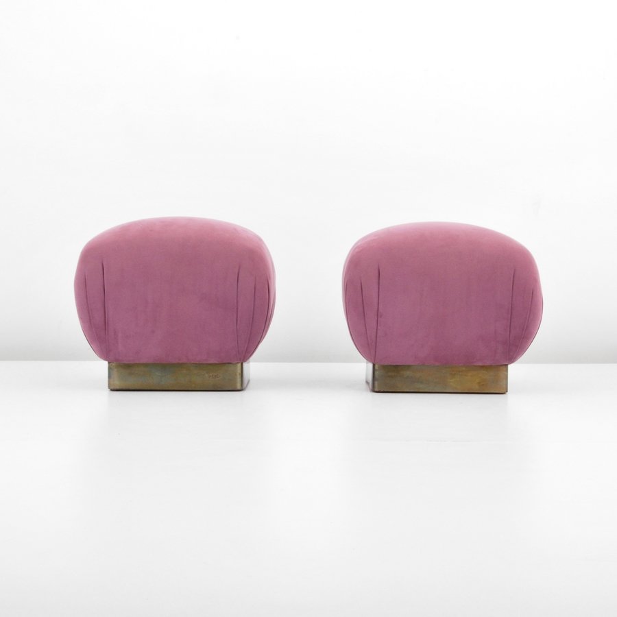 Pair of "Souffle" Ottomans, Manner of Karl Springer: Designer & Manufacturer: Karl Springer, Manner of Markings: none Country of Origin & Materials: USA; metal, upholstery Additional Information & Circa: Pair of "Souffle" ottomans in the manner of Karl 