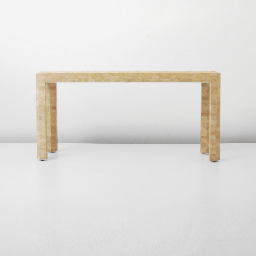 Maitland Smith Console Table: Designer & Manufacturer: Maitland Smith Markings: none Country of Origin & Materials: USA; stone, brass Additional Information & Circa: Tessellated stone and brass console table by Maitland Smith. (Ke