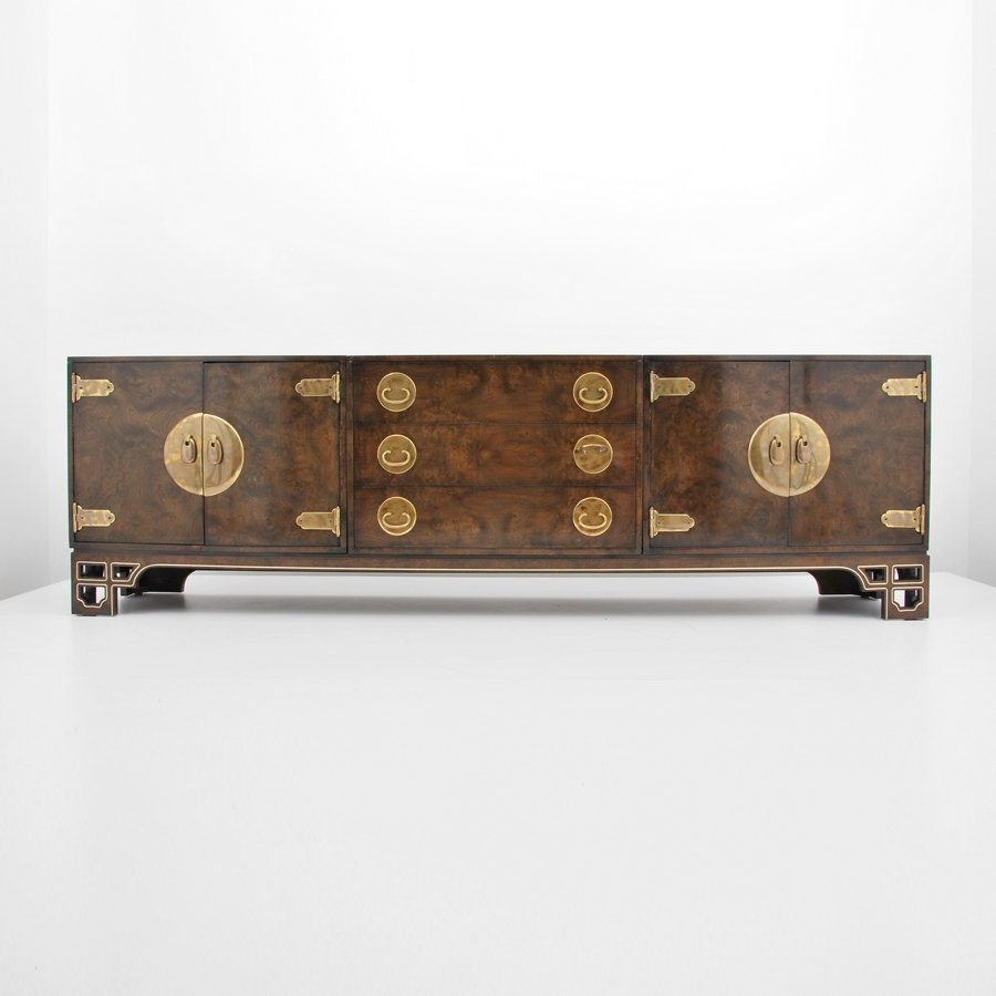 Large Mastercraft Cabinet: Designer & Manufacturer: Mastercraft Markings: none Country of Origin & Materials: USA; brass, burl wood Additional Information & Circa: Large cabinet/server comprised of three removable cabinets allo